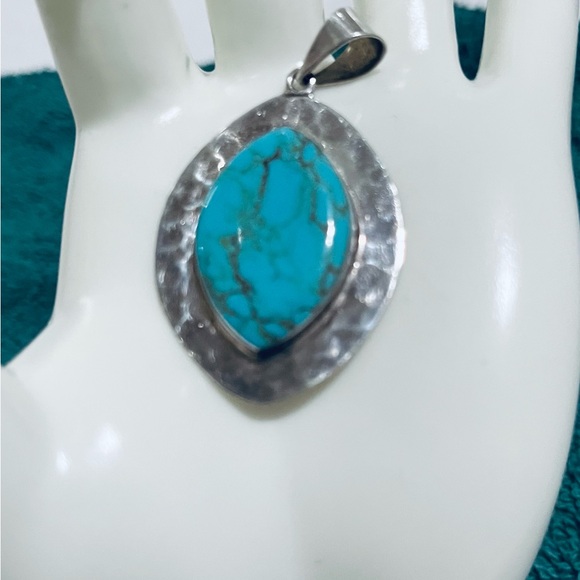 Sterling Silver Mexican Modernist 925 Handcrafted Turquoise Pendant - Picture 4 of 9